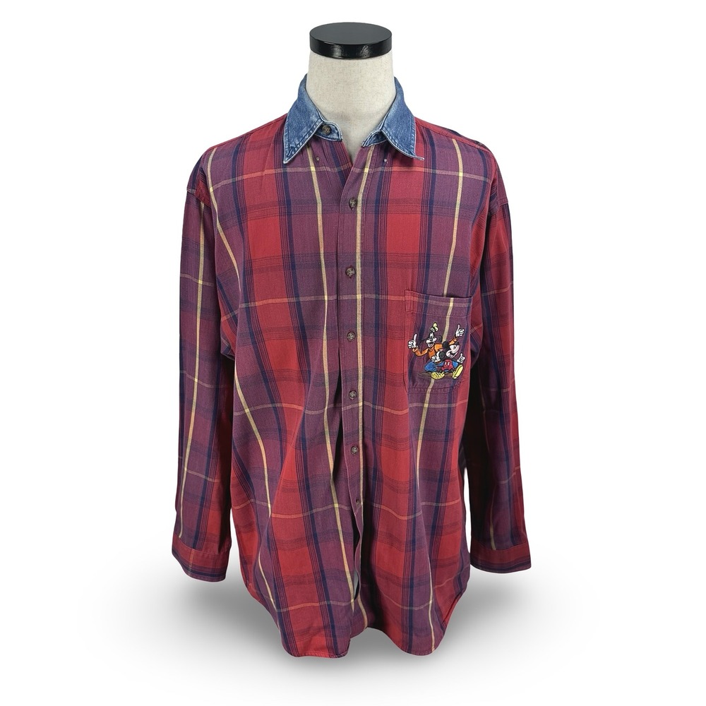 Disney Catalog Vintage Mickey Goofy Plaid Flannel Shirt Denim Collar Red Mens L